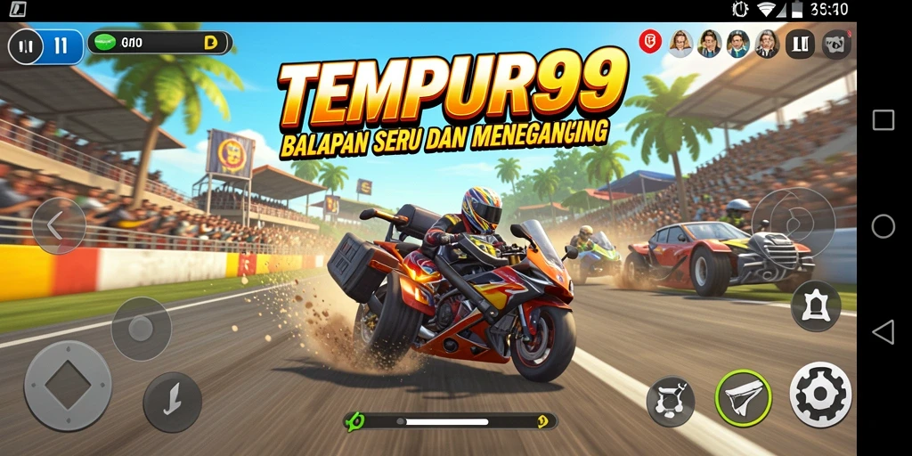 Gameplay TEMPUR99 menunjukkan balapan seru dengan grafis menawan.